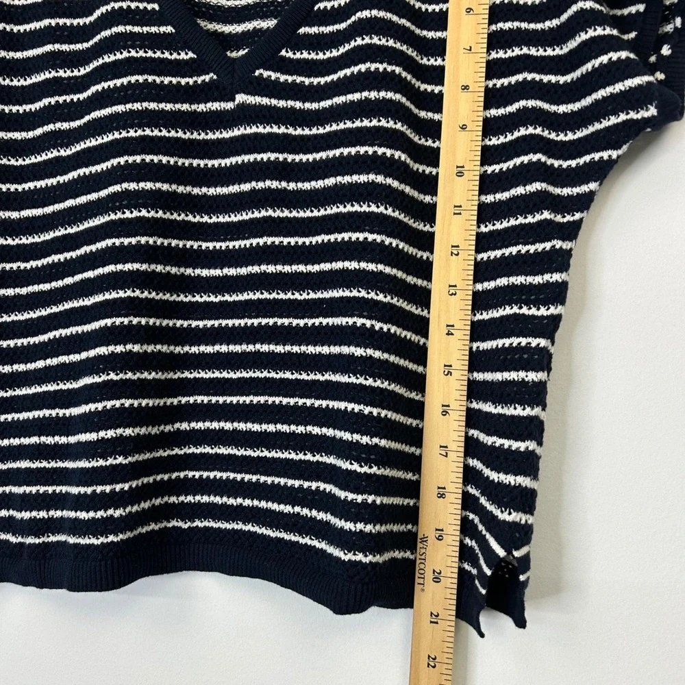 Pact Cotton Crochet Knit Top Women's Large Blue White Stripe Short Sleeve